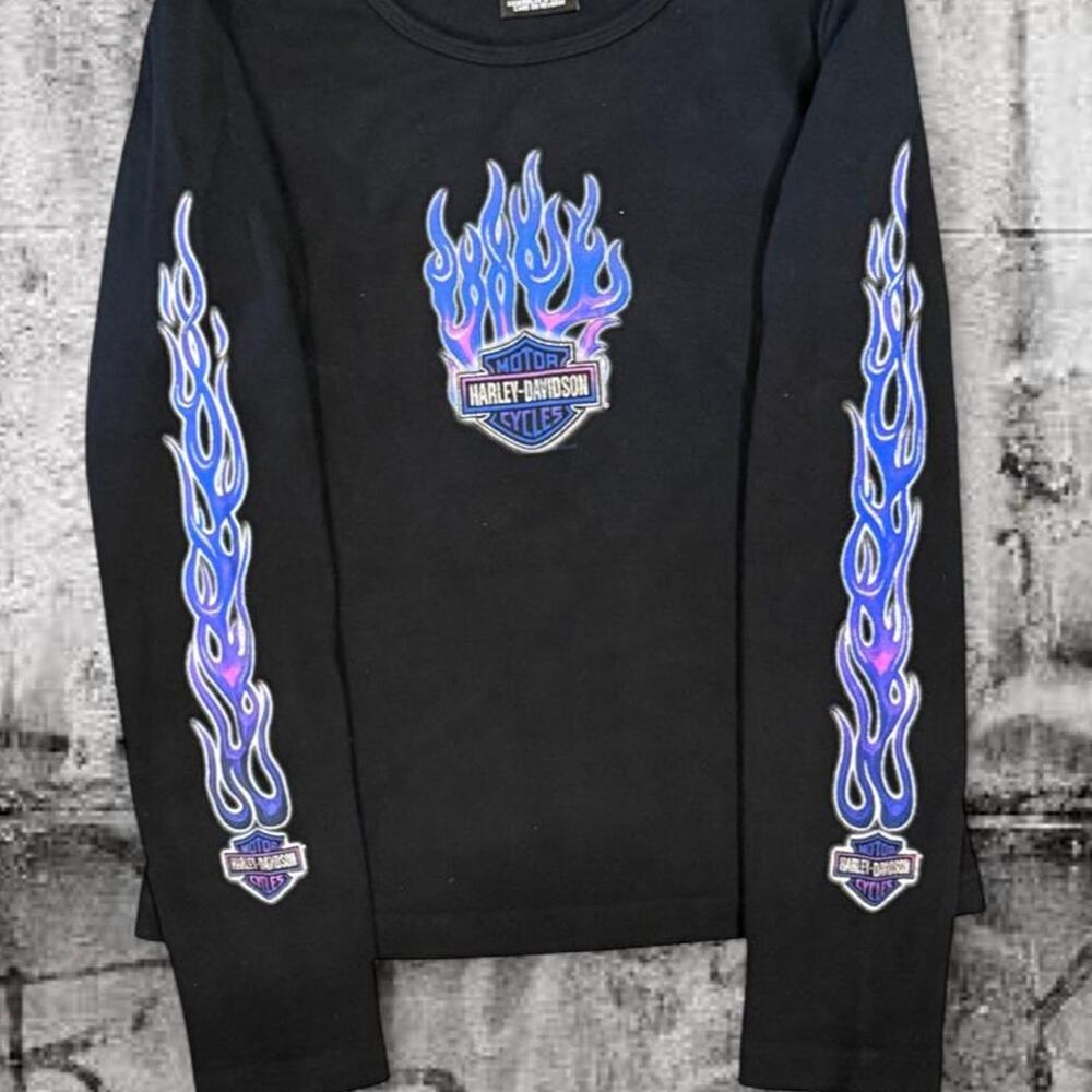 Harley-Davidson Blue Flame Long Sleeve Women’s Shirt Black Medium Y2K
